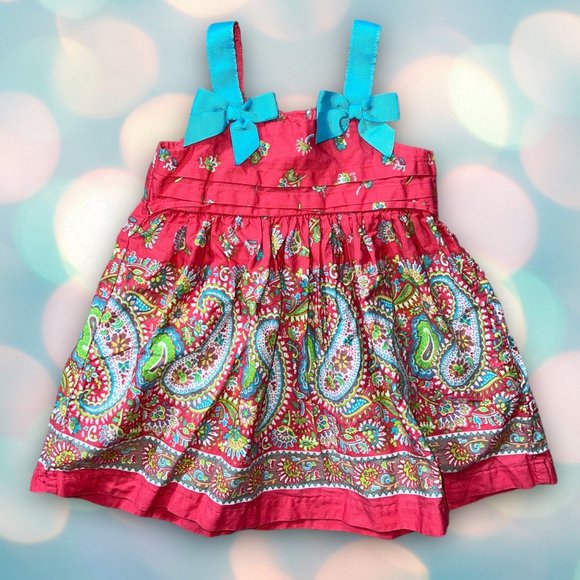 Bonnie Baby Girl’s Pink and Blue Paisley Ribbon Boutique Dress Size 12 Months - Picture 1 of 2